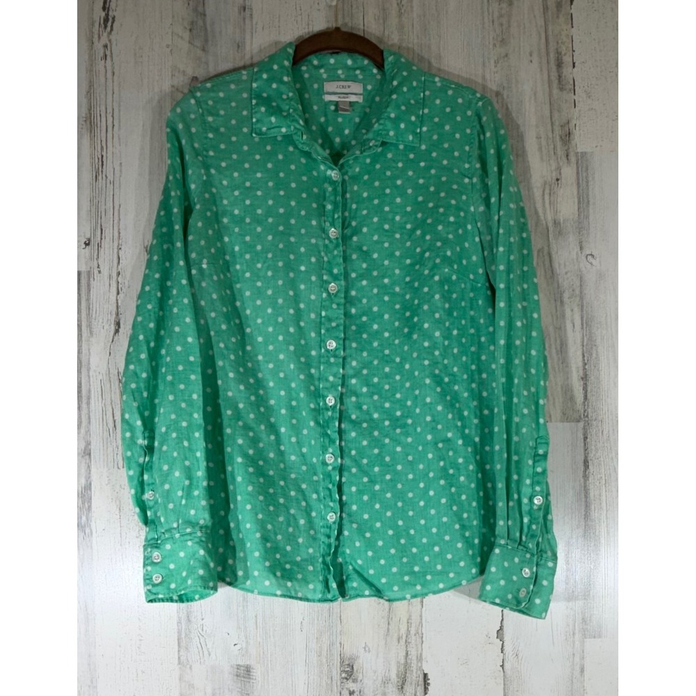 J Crew Perfect Shirt 6 Green Polka Dot 100% Linen Coastal Preppy Office Career
